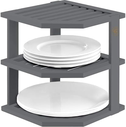 Bambüsi Grey 3-Tier Corner Shelf, Kitchen Cabinet Organizer, Bamboo Rack