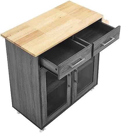 Modway Cuisine Rolling Kitchen Cart with Storage in Charcoal Natural - Portable Island for Kitchen with Spice Rack, Perfect as a Coffee Bar Cabinet, Butcher Block Island or Kitchen Island on Wheels