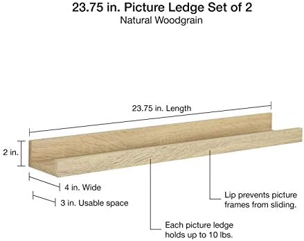 MCS Picture Ledge Shelf, Room Decor Floating Shelf, Natural Woodgrain, 23.75 Inch, Set of 2
