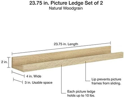 MCS Picture Ledge Shelf, Room Decor Floating Shelf, Natural Woodgrain, 23.75 Inch, Set of 2