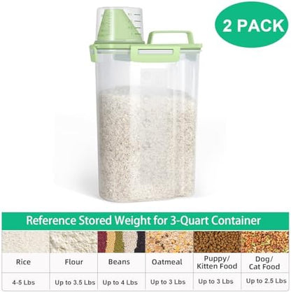 TBMax Rice Container Cereal Storage Container 2 Pack 5 Lbs, Plastic Kitchen Pantry Food Storage Container with Cup, Small Pet Dog Cat Food Dispenser -Green