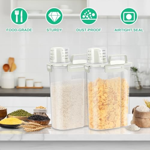 TBMax Rice Container Cereal Storage Container 2 Pack 5 Lbs, Kitchen Pantry Dry Food Storage Holder with Easy-Pouring Spout & Handy Cup, Small Pet Dog Cat Food Dispenser for Daily Feeding -Beige