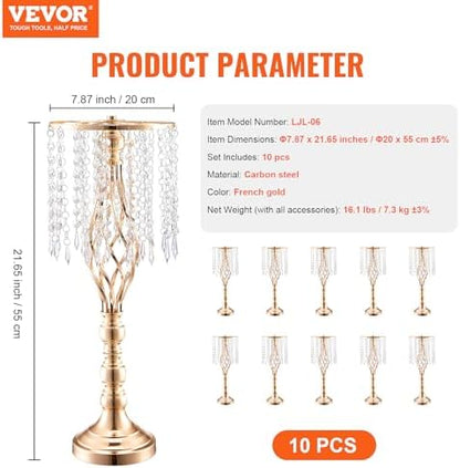 VEVOR 10PCS 55cm/21.65” Tall Crystal Wedding Flower Stand, Metal Wedding Centerpiece Vase, Gold Flower Holders Floral Display Rack for Tables Wedding Dinner Party, Ceremony Birthday Event Decor