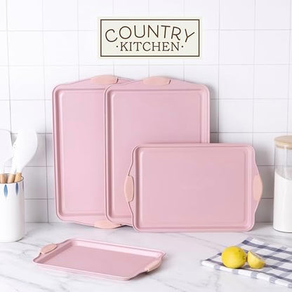 Country Kitchen Nonstick Stackable Bakeware Set - Heavy Duty, Durable, Easy Release Baking Set, Pink, 4 Pcs