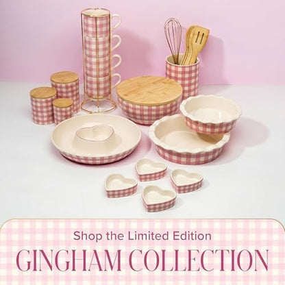 Paris Hilton Kitchen Utensils Tool Crock Set, Bamboo Cooking Tools with Gold-Finish Stainless Steel Whisk and Ceramic Stoneware Utensil Holder, Gingham Design, 7-Piece, Pink
