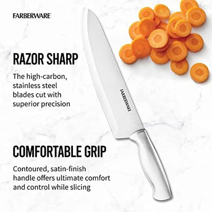 Farberware 15-Piece Kitchen Knife Set, High-Carbon Stainless Steel Blades with Wood Block, Steak Knives, Sharpening Tool & All-Purpose Shears, Razor Sharp, Ergonomic Stainless Steel Handles