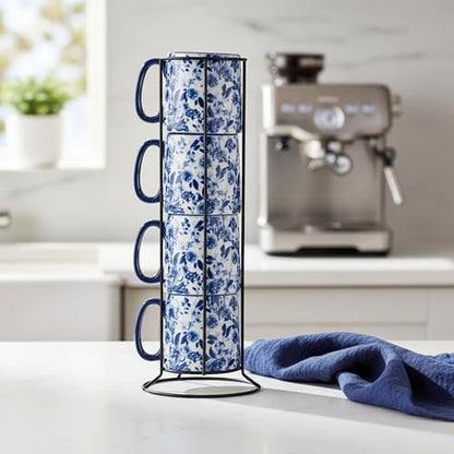 10 Strawberry Street Bella Flora Espresso Demitasse Stack, Set of 4 (Blue Peonies)