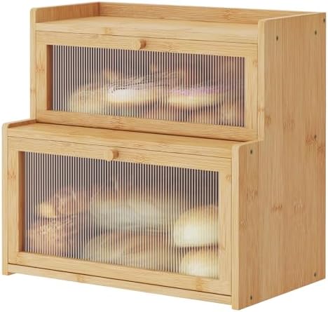 Double Layer Bamboo Bread Box for Kitchen Counter,Bread Holder,Countertop Bread Storage with Window (Natural)