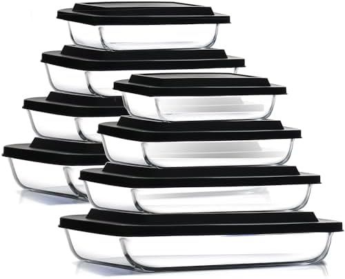 EATEX 16-Piece Deep Glass Casserole Dishes for Oven with Plastic Lids, Glass Baking Dishes for Oven, Rectangular Bakeware for Lasagna, Cooking, Leftovers, Kitchen, Freezer to Oven Dishwasher Safe