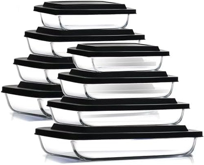 EATEX 16-Piece Deep Glass Casserole Dishes for Oven with Plastic Lids, Glass Baking Dishes for Oven, Rectangular Bakeware for Lasagna, Cooking, Leftovers, Kitchen, Freezer to Oven Dishwasher Safe