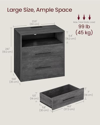 VASAGLE 23.6 Nightstands, LED Lights, Charging Station, 2 Drawers