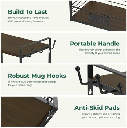 EsLuker.ly Coffee Mug Cup Holder Tree Bar Station Organizer, 2 Tier Brown