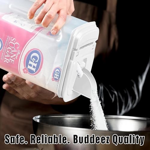 Buddeez Large Food Storage Container - 3.75 Quart Sugar Buddy, All Purpose Clear Kitchen Organization and Storage - Sugar, Flour, Cereal, Rice Dispenser, EZ Pour Spout & Easy Grip Handle (White Lid)