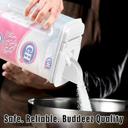 Buddeez Large Food Storage Container - 3.75 Quart Sugar Buddy, All Purpose Clear Kitchen Organization and Storage - Sugar, Flour, Cereal, Rice Dispenser, EZ Pour Spout & Easy Grip Handle (White Lid)