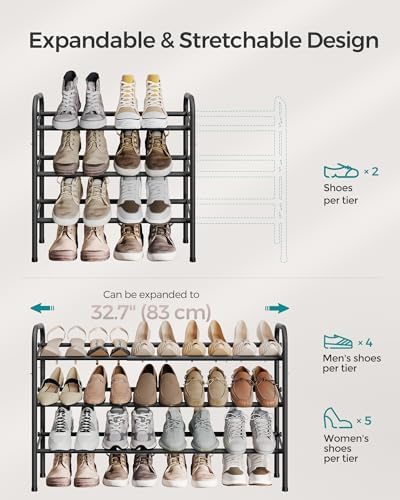 SONGMICS Expandable Shoe Rack, 3-Tier Metal Shoe Organizer, Holds 20 Pairs