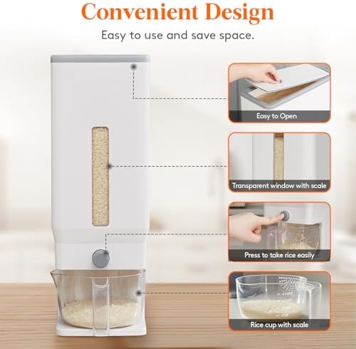 Lifewit Rice Container 29 Lbs, One-Press Dispenser, White 2 Packs