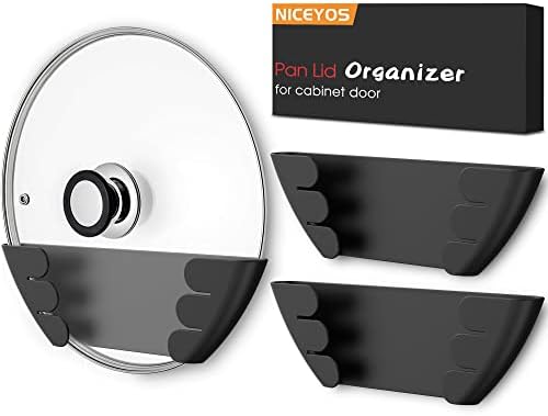 Universal Pot Lid Organizer for Cabinet - Upgraded Patented Niceyos 3 Pack Inside Cabinet Door Wall Mount Pan Top Storage Organizer Rack Holder for Kitchen, Fits 6" to 13" (Black)