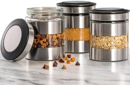 Le'raze Quality Stainless Steel Canister Set of 3 for Kitchen Counter with Glass Window & Airtight Lid - Food Storage Containers with Lids Airtight - Pantry Storage and Organization Set