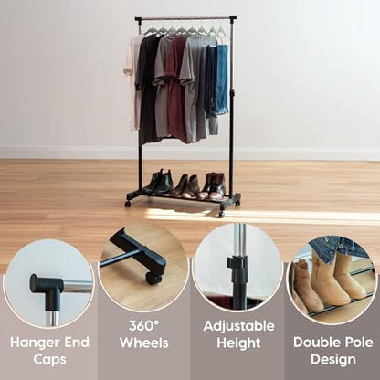 IRIS USA Single Rod Rolling Clothes Rack, Height Adjustable, Black