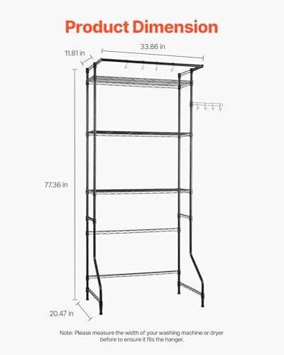VEVOR Over the Washer and Dryer Storage Shelf, 3 Tier Laundry Room Drying Rack with Hanger Rod and Hooks, Adjustable Over Washer and Dryer Shelves, Laundry Room Shelf Storage Space Saver, Black