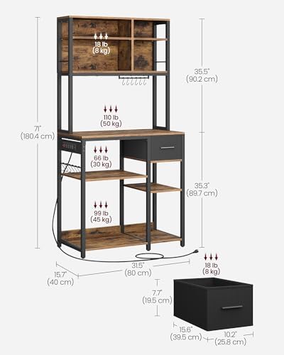 VASAGLE Bakers Rack with Charging Station, Coffee Bar, 12 Hooks