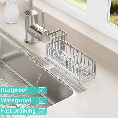 HapiRm Sponge Holder for Kitchen Sink - Self-draining Sink Caddy with Brush Holder and Dishcloth Holder, Stainless Steel Kitchen Organizer - Silver