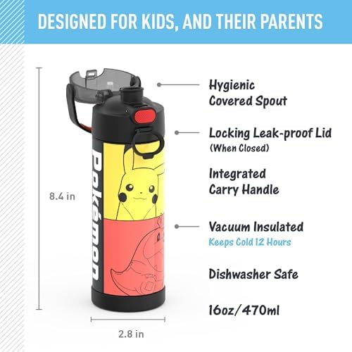 THERMOS FUNTAINER 16 Ounce Stainless Steel Vacuum Insulated Bottle with Wide Spout Lid,Pokemon,(Pack of 6)