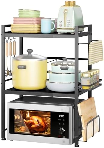 DOLALIKE Microwave Oven Rack, Expandable Microwave Stand Countertop Kitchen Utensils Tableware Storage, Carbon Steel Over Microwave Shelf Countertop with 6 Hooks