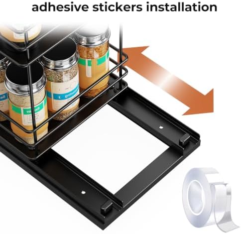 Mystozer Pull Out Spice Rack Organizer for Cabinet, Slide Out Spice Racks, Easy to Install Spice Cabinet Organizers, 6.49" Wx10.43 Dx8.66 H, 1 Drawer 2 Tiers(Black)