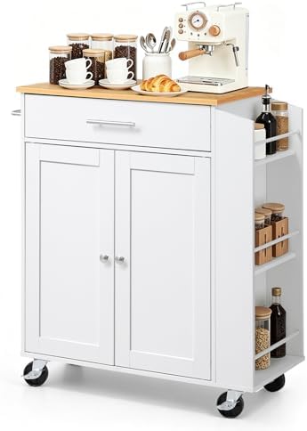 VEVOR Kitchen Island Cart with Storage, 31.3 in Wide Mobile Rolling Storage Island on Swivel Wheels, with Drawer, Storage Cabinet, Spice/Towel Rack, Table for Home Dining Room, White