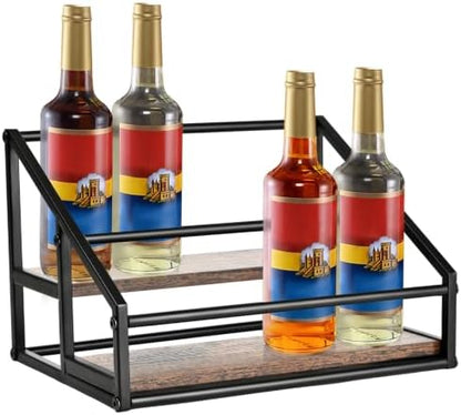 YQBRAO 2-Tier Coffee Syrup Organizer, 8-Bottle Rack, Rustic Brown