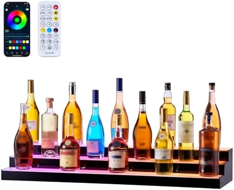 VEVOR LED Lighted Liquor Bottle Display, 3 Tiers 40 inches, Acrylic Illuminated Home Bar Shelf Display with RF Remote & App Control, DIY Setup with Type-C Cables, 9 Static Colors, for 30-39 Bottles