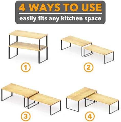 SpaceAid Cabinet Shelf Organizers 8 Pack, Kitchen Counter Rack Shelves Riser, Stackable Expandable Spice Rack, Pantry Cupboard Storage Organization (Black and Natural, Long)