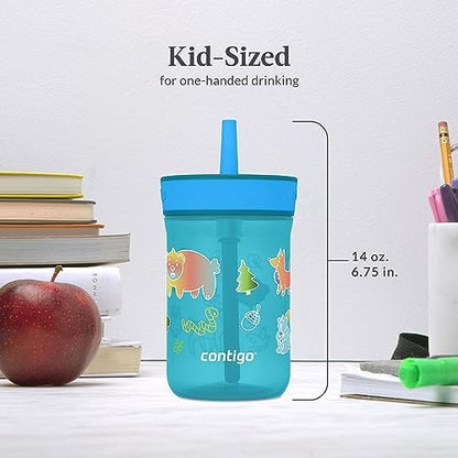 Contigo Kids’ Leighton Straw Tumbler with Spill-Proof Leak-Proof Lid 14oz Juniper/Blue Forest