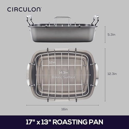 Circulon Total Bakeware Nonstick Roaster, Roasting Pan with Rack, 17-Inch x 13-Inch, Gray