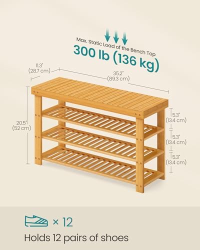 SONGMICS Shoe Rack Bench, 4 Tier Bamboo, 11.3 x 35.2 x 20.5 Inches