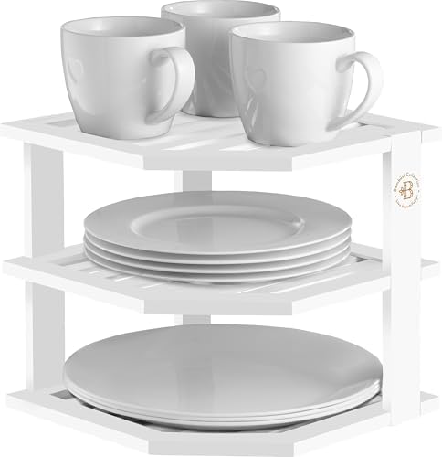 Bambüsi White 3-Tier Corner Shelf, Kitchen Cabinet Organizer, Bamboo Rack
