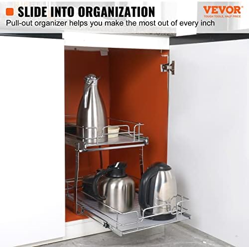 VEVOR Pull Out Cabinet Organizer, 14" Wx21.2 Dx15.2 H Heavy 2 Tier Duty Slide Out Pantry Shelves, Chrome-Plated Steel Roll Out Drawer for Under Sink, 15.5" Wx22.5 Dx19 H Install Size for Cabinet