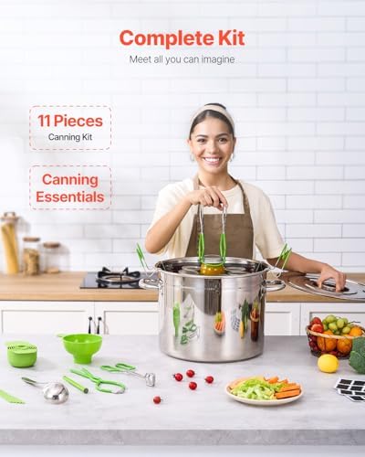 VEVOR Canning Supplies Starter Kit, 11 Pieces Stainless Steel Water Bath Canning Kit for Beginners, Canning Tools Set: Pot, Rack, Lid, Ladle, Funnel, Tongs, Jar Lifter, Wrench, Measuring Cup