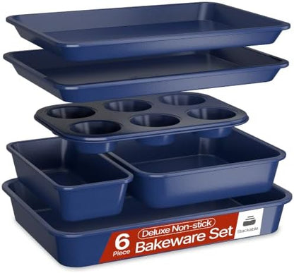 BAKKEN Nonstick Carbon Steel Bakeware Set - 6 Piece Kitchen Baking Trays, Non Toxic Stackable Oven Pans Bundle with Cookie Sheets, 6 Cup Muffin, Roaster, Square Cake, and Loaf Pan for Bread