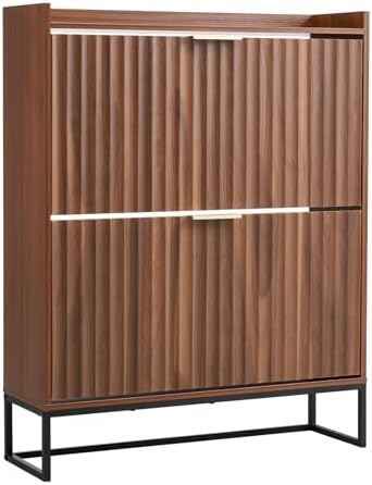 VEVOR Shoe Cabinet with 2 Flip Drawers, Mid-Century Shoes Storage Cabinet with Anti-Tipping Device, Freestanding Fluted Shoe Organizer, Ideal for Entrance, Hallway, Bedroom, Living Room, Walnut