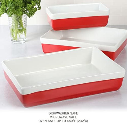 MARTHA STEWART 3-Piece Oven to Table Stoneware Bakeware Set – Baking Dish & Casserole Set – Red – Durable Oven-Safe Bakeware for Baking and Serving