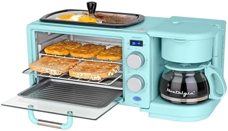 Nostalgia 3-in-1 Retro Breakfast Station - Includes 5 (4 Oz) Cup Coffee Maker, Non-Stick Ceramic Griddle, and 4-Slice Toaster Oven - Built-In Timer, Reusable Coffee Filter, Space-Saving Design - Aqua