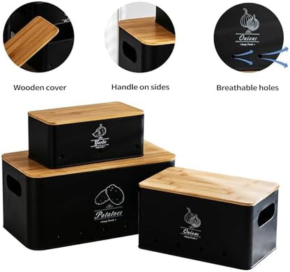 Potato Onion Garlic Storage Bin, Black, Set of 3