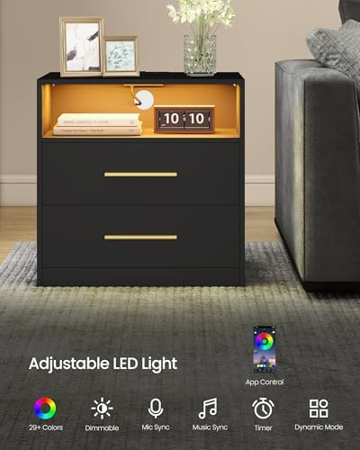 VASAGLE 23.6 Nightstands, LED Lights, Charging Station, 2 Drawers