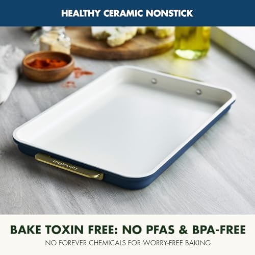 GreenPan Bakeware 13" x 9" Quarter Sheet Pan, Ceramic Nonstick Baking Pan, PFAS & BPA Free, Gold Handles, Durable Steel, Versatile & Space Saving Ovenware, Freezer to Oven Dish, Oxford Blue