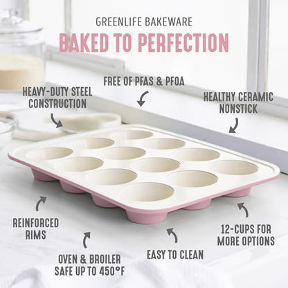 GreenLife 12-Cup Muffin Pan, Healthy Ceramic Nonstick Bakeware, PFOA & PFAS-Free Cupcake Sheet, Durable, Versatile Kitchen Essentials, Easy Clean Muffin Mold, Valentine’s Day gifting, Pink