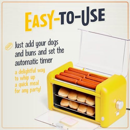 Nostalgia Oscar Mayer Extra Large 8 Hot Dog Roller & Bun Toaster Oven - Stainless Steel Grill Rollers for Veggie Sausages & Brats - Multi-Use Warming Oven with Adjustable Timer for Parties - Yellow