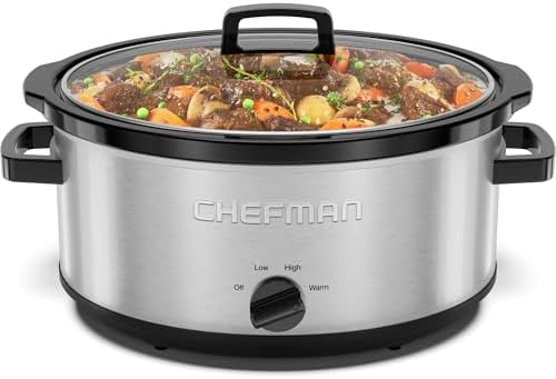 Chefman Slow Cooker 7 Quart, Large Family Size Slow Cooker with Low, High & Warm Settings, Removable Ceramic Crock, Tempered Glass Lid, Dishwasher-Safe for Easy Cleanup, Stainless Steel