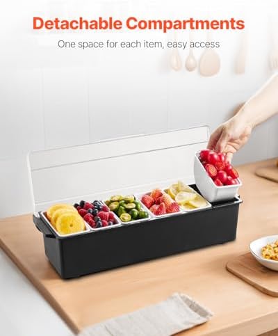 VEVOR Chilled Condiment Server, 6 Compartment Ice Cooled Condiment Serving Container, Chilled Garnish Tray Bar Caddy with Lid, for Bartending & Serving Taco, Salad, Fruit, Home & Restaurant Supplies
